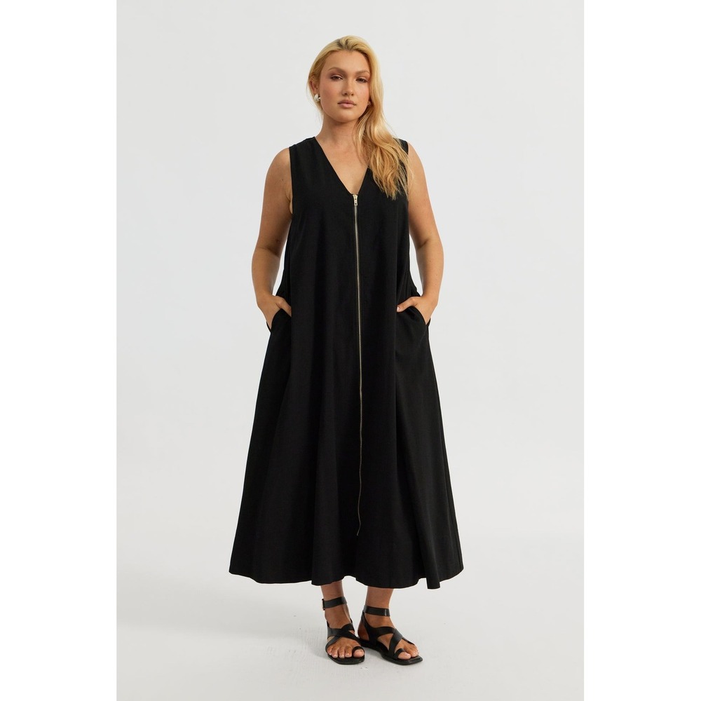 Apero Gill Zip Front Midi Dress Black Marernity 4X 16 US Black V-Neck Midi Dress